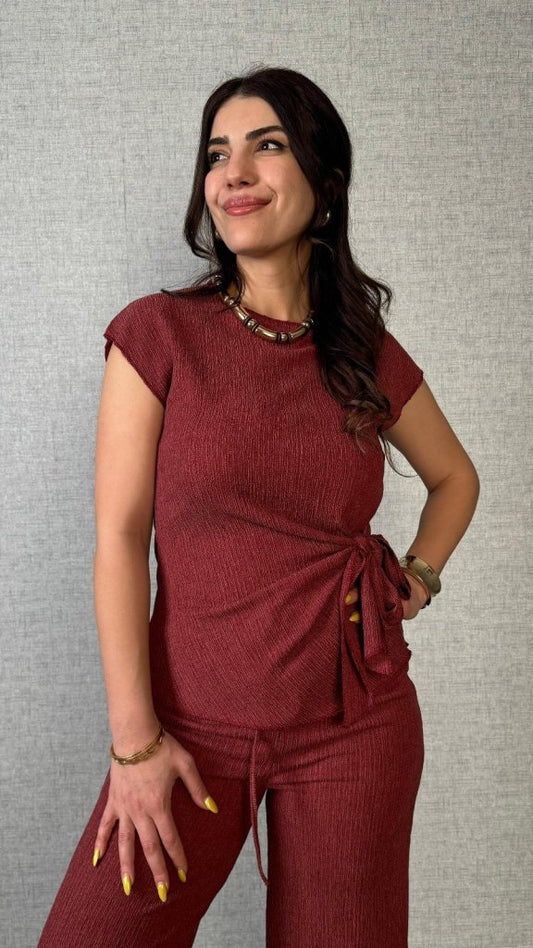 Kadın Kısa Kollu Bisiklet Yaka Yandan Bağlamalı Bürümcük Bluz Ve Pantolon Ikili Takım