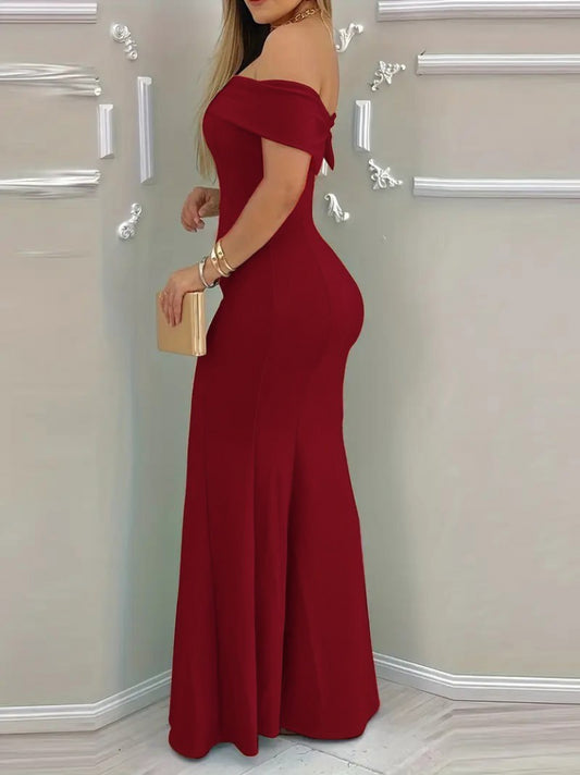 Kadın Kısa Kollu Madonna Yaka Belden Oturtmalı Uzun Ithal Krep Elbise