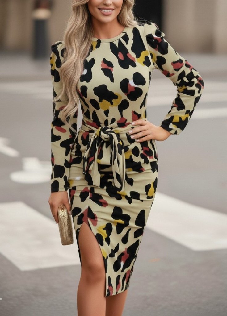 Kadın Uzun Kollu Yuvarlak Yaka Belden Kuşaklı önden Yırtmaçlı örme Krep Elbise