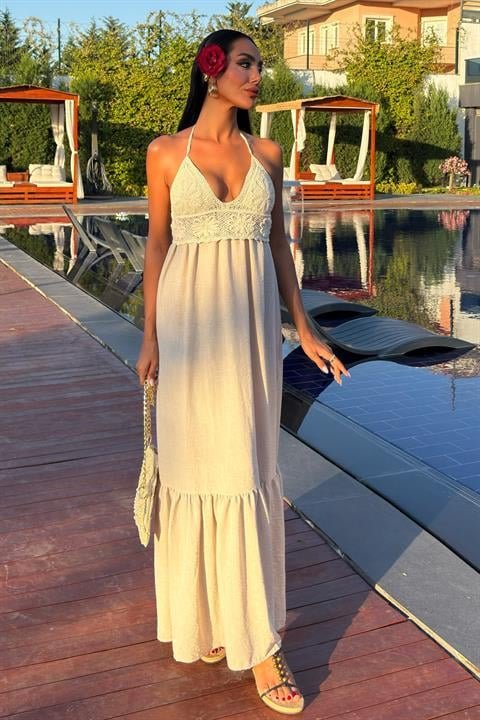 Göğsü Trikolu Keten Uzun Elbise 2904-08