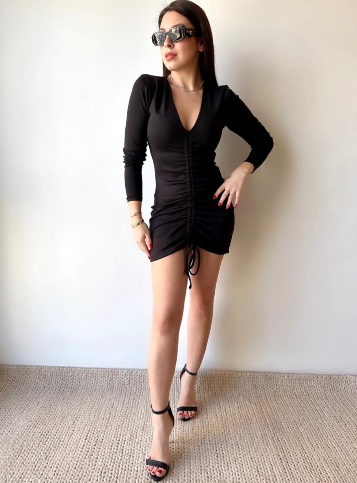 Kadın V Yaka önü Asansör Büzgü Detay Fırsat ürün Mini Elbise