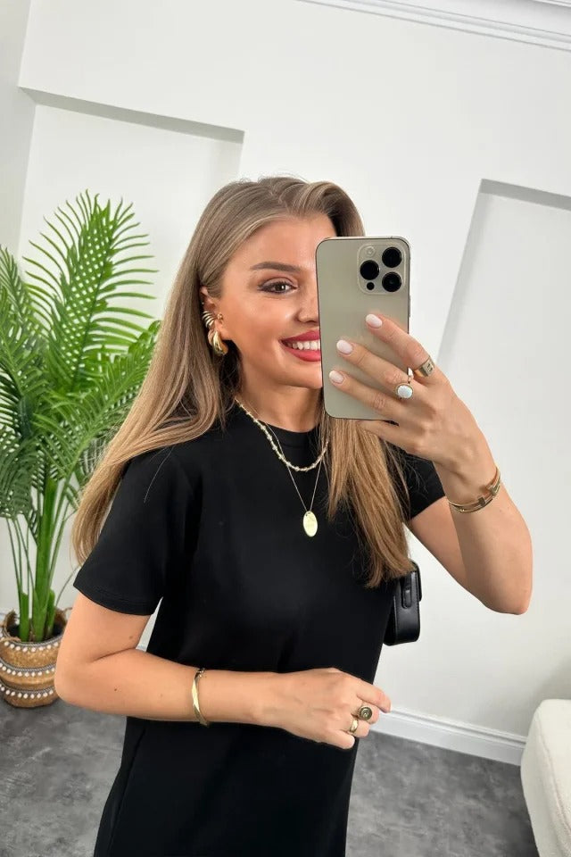 Kadın Kısa Kollu Yırtmaç Detaylı Salaş Viskon Elbise