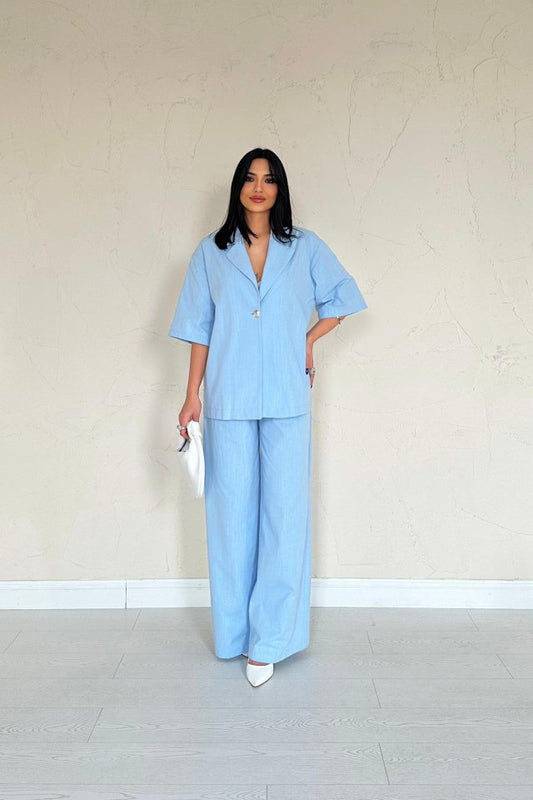 Mavi Önü Tek Düğmeli Ceket Pantolon Takım
