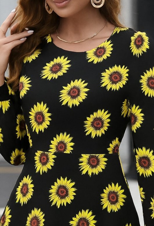 Kadın Uzun Kollu Bisiklet Yaka Desenli Kısa Krep Elbise