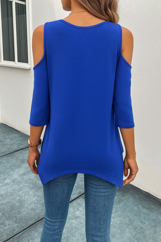 Kadın Omuzlardan Açık Sıfır Yaka Asimetrik Kesim Detay Viskon Bluz