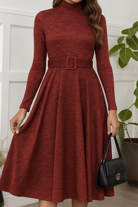 Kadın Uzun Kollu Balıkçı Yaka Kemer Detaylı Yumoş Midi Elbise