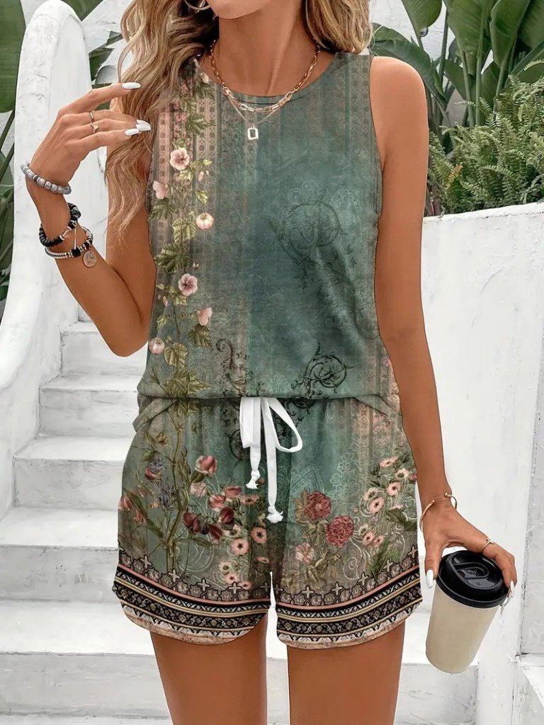 Kadın Askılı Yuvarlak Yaka çiçek Baskılı Süprme Bluz Ve Short Ikili Takım