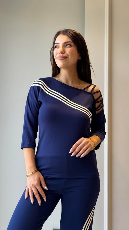 Kadın Uzun Kollu Truvakar Kol Tek Omuz çapraz şerit Detaylı Ribanalı Viskon Iki Iplik Bluz Ve Pantolon Ikili Takım