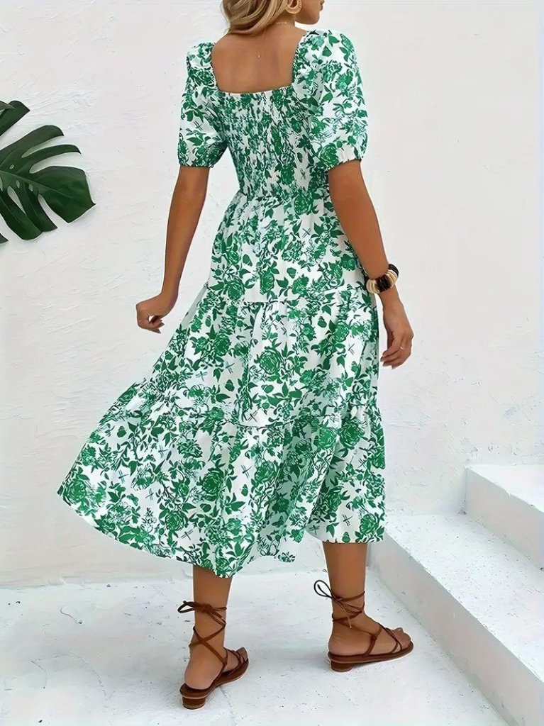 Kadın Kısa Kollu Kare Yakalı Lastikli Desenli Süprem Elbise