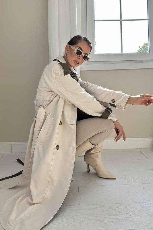 Bej Haki Arkası Çizgili Ve Kemerli Trençkot