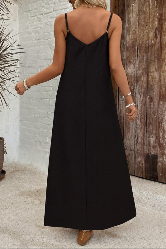 Kadın Ip Askılı Geniş V Yakalı Desenli Süprem Elbise