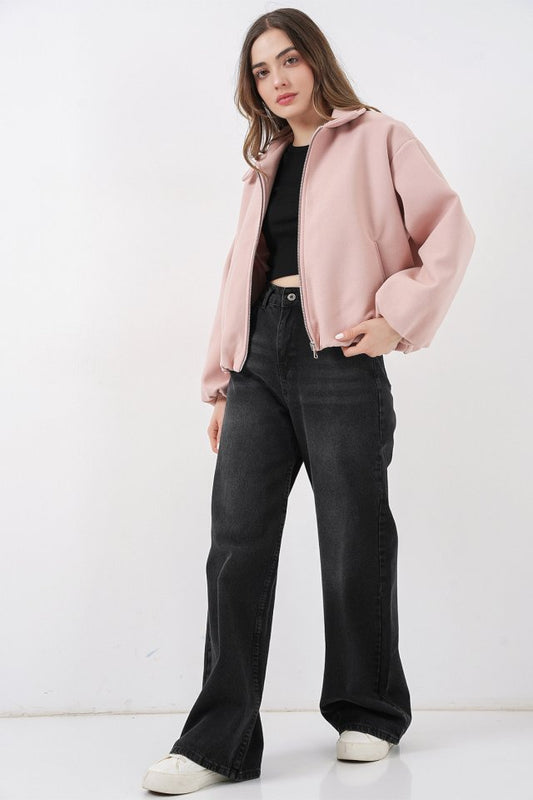 Büzgülü Oversize Kaşe Ceket 0728 - Pudra