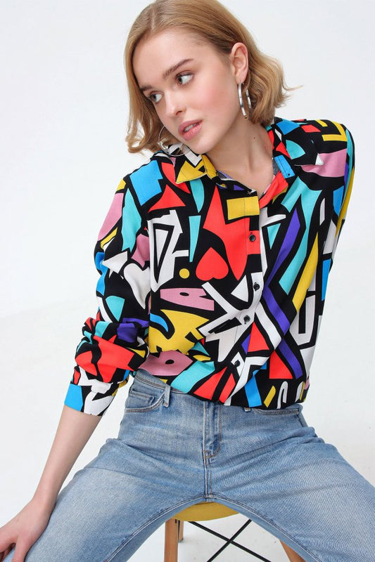 3721 Grafik Desenli Gömlek - Siyah