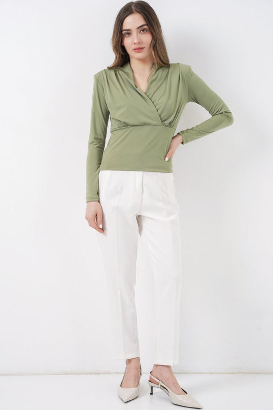 Omuz Vatkalı Kruvaze Yaka Bluz 942 - E.Yeşil