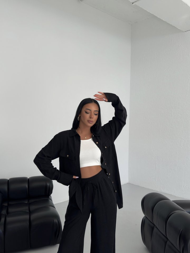 Düğmeli̇ Cepli̇ Keten İki̇li̇ Takim