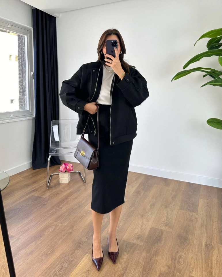 RYSE Mevsim Kaşe Fermuarlı Ceket Etek Takım Kaşmir Ceket Etekli İkili Takım Kaşe Bomber Ceket-Etek Takım