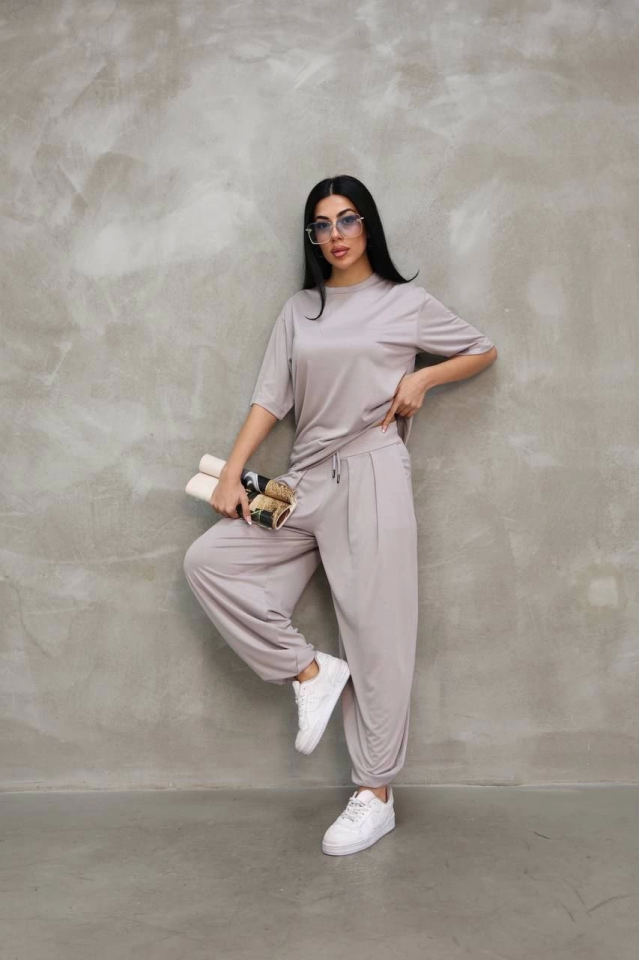 Osy Modal Yumuşak Dokulu Kumaş Oversize Bisiklet Yaka T-shirt Jogger Eşofman Altı Eşofman Takımı - Gri