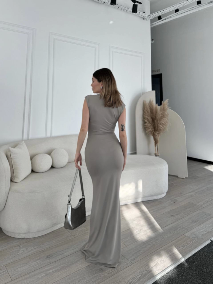 Kolsuz Uzun Likralı Elbise - Gri