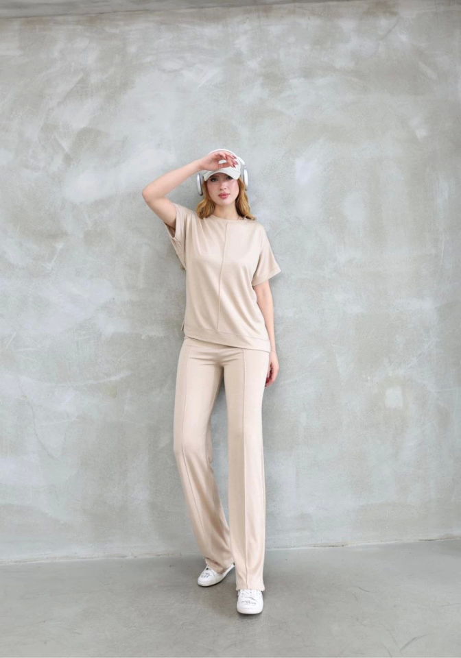 Osy Modal Yumuşak Dokulu Kumaş Bisiklet Yaka Kısa Kollu Takım - Bej