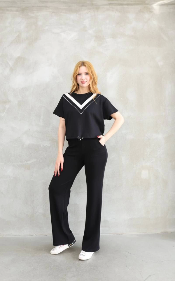 Osy Modal Yumuşak Dokulu Kumaş Bisiklet Yaka Parçalı Detaylı Kısa Kollu Takım - Siyah