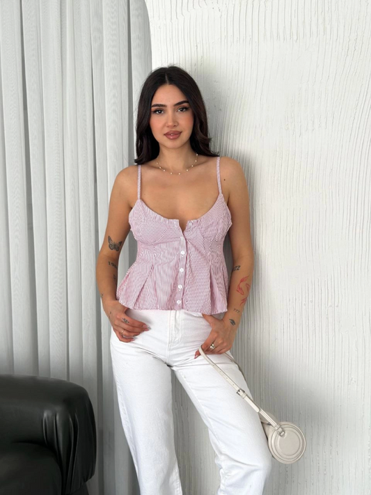 Askılı Dekolte Deraylı Crop - Kırmızı