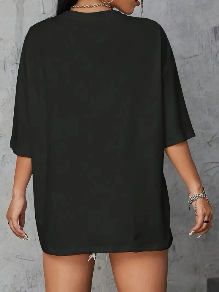 Baskılı Oversize Bisiklet Yaka T-shirt - Siyah