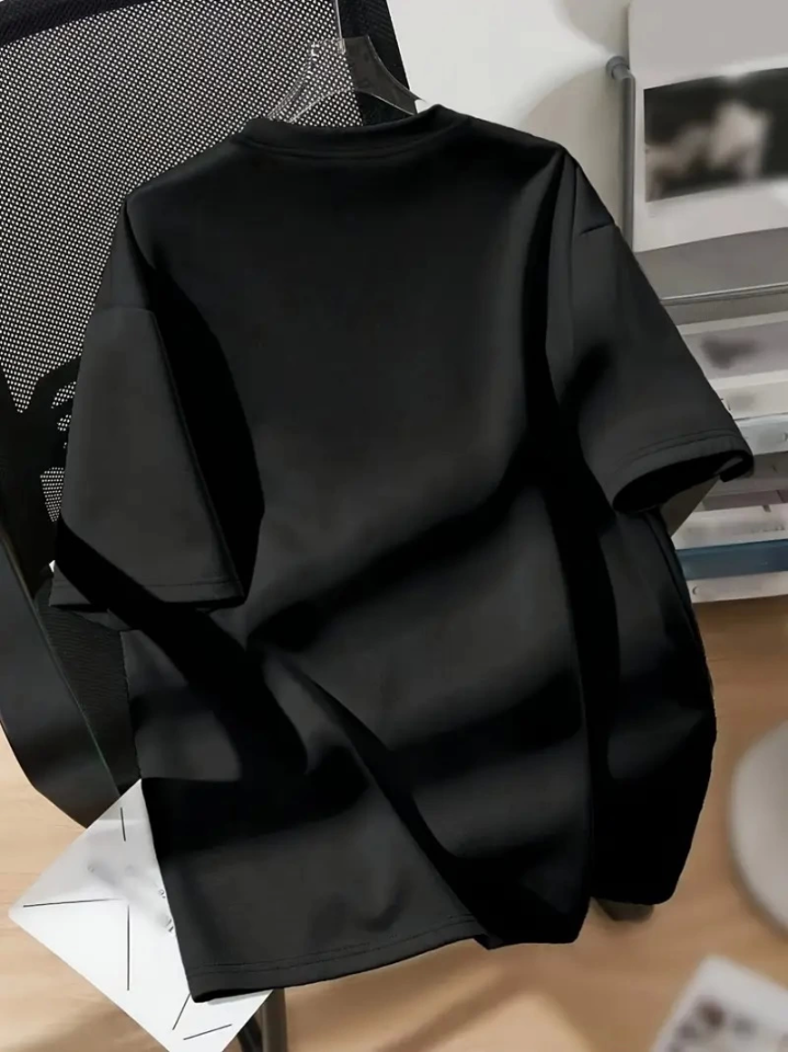 Baskılı Oversize Bisiklet Yaka T-shirt - Siyah