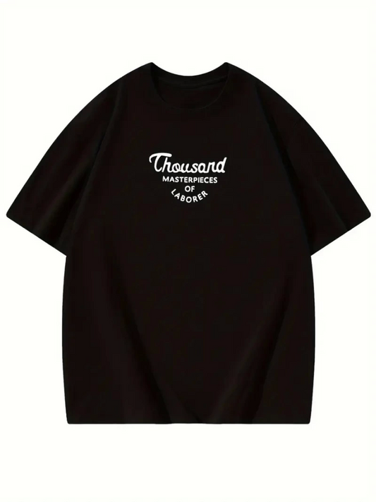 Thousand Baskılı Oversize Bisiklet Yaka T-shirt - Siyah