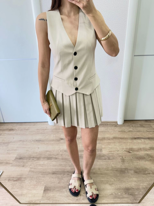Takım Görünümlu Yelekli Mini Elbise- Bej