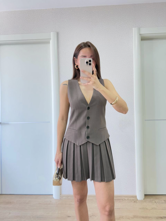 Takım Görünümlu Yelekli Mini Elbise- Füme