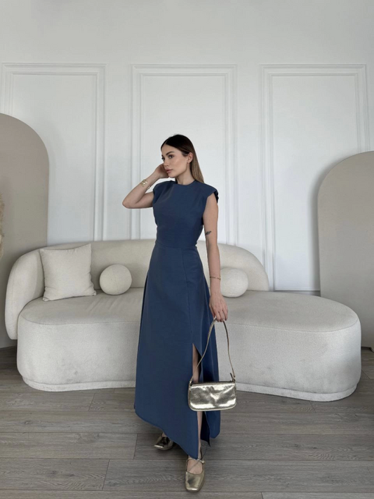 Keten Yandan Yırtmaçlı Uzun Sıfır Kolsuz Elbise - Mavi