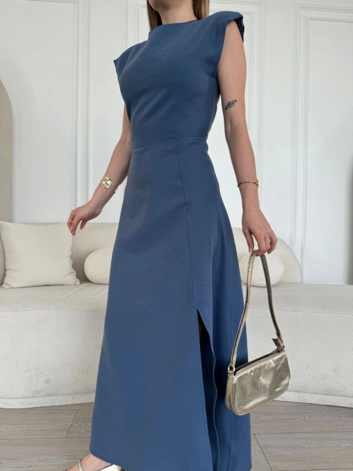 Keten Yandan Yırtmaçlı Uzun Sıfır Kolsuz Elbise - Mavi