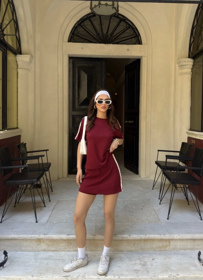 Osy Modal Yumuşak Dokulu Kumaş Parçalı Bisiklet Yaka T-shirt Mini Şortlu Etek İkili Takım -Bordo