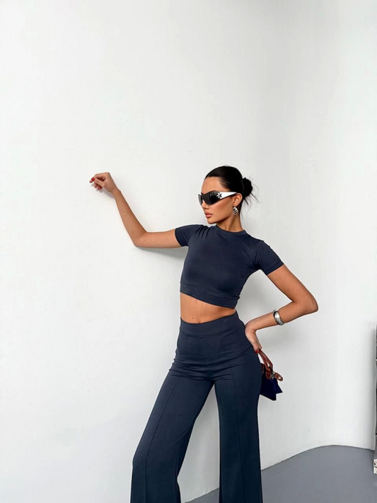 Osy Modal Yumuşak Dokulu Kumaş Kısa Kollu Crop Alt Ispanyol Paça Pantalon Ikili Takım - Füme