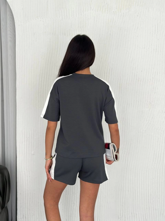 Osy Modal Yumuşak Dokulu Kumaş Parçalı Bisiklet Yaka T-shirt Kısa Şort İkili Takım - Antrasit