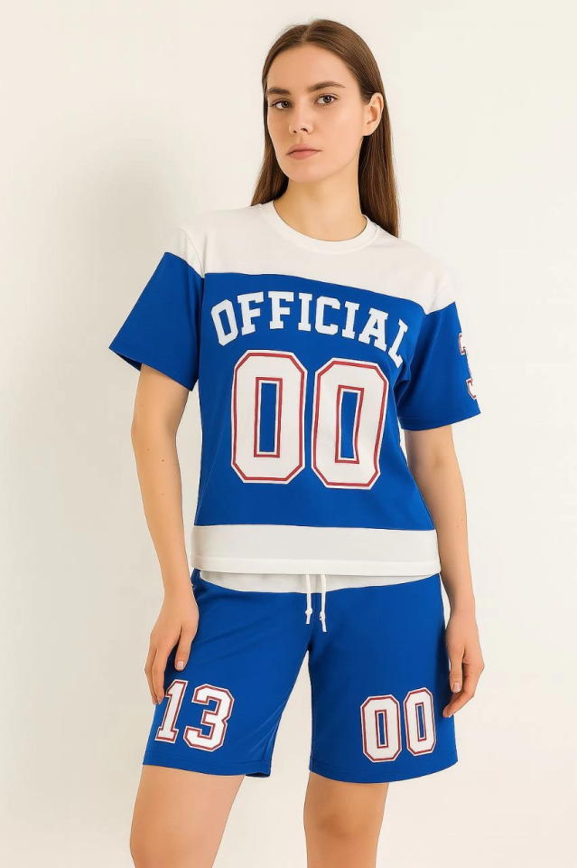 Dijital 00 Baskılı Şortlu Takım - Mavi