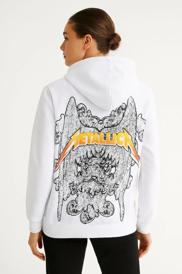 Metallica İki İplik Kapüşonlu Ön Ve Arka Baskılı Hoodie - Beyaz