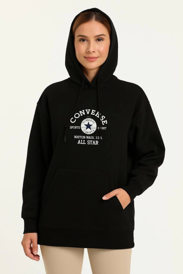 Üç İplik Kapşonlu ön Ve Arka Baskılı SweatShirt Hoodie- Siyah