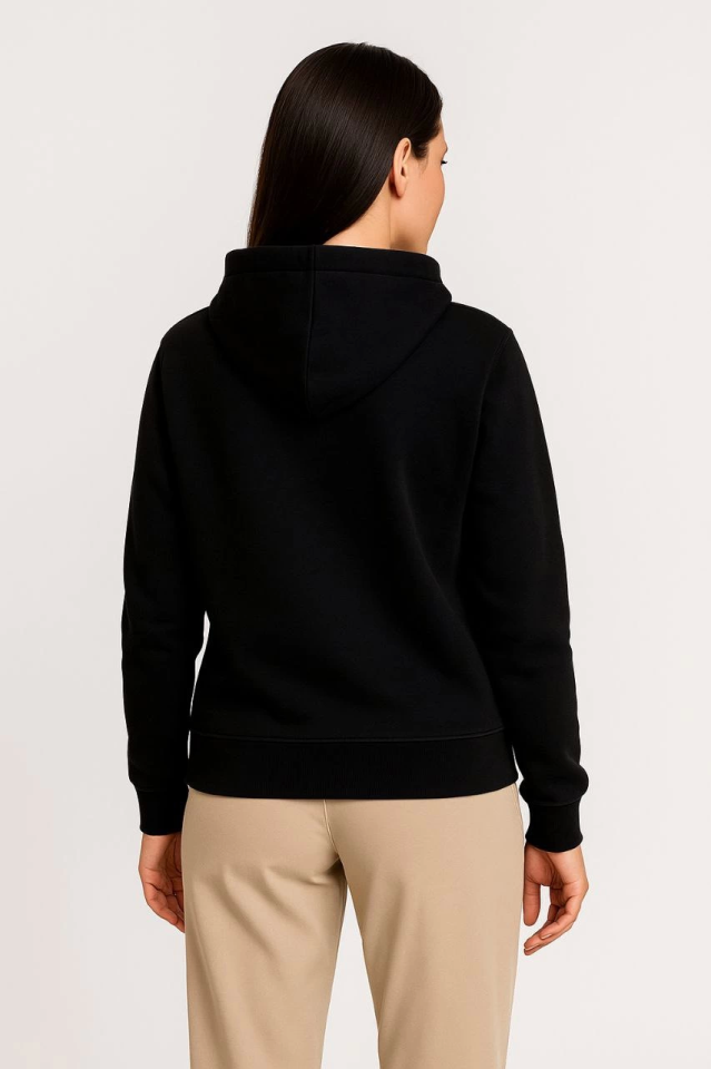 Üç İplik Kapüşonlu Tam Fermuarlı Kanguru Çepli SweatShirt Hoodie - Siyah