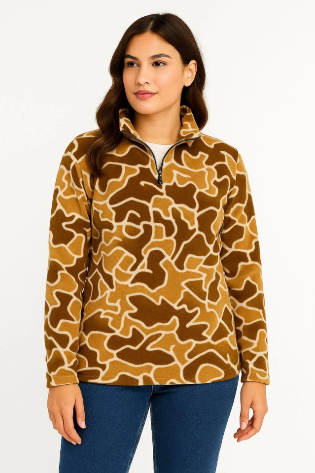 KADIN Yarım Fermuarlı Desenli Polar Sweat Yakalı, Uzun Kollu, Oversize Rahat Kalıp - Kahverengi