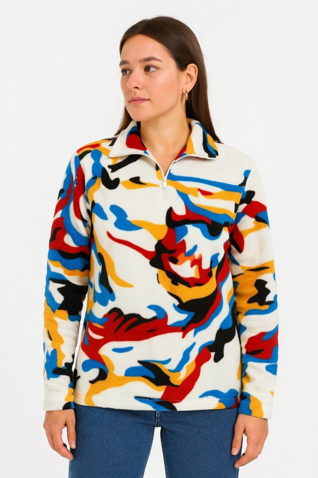 Yarım Fermuarlı Desenli Polar Sweat - Renkli Abstract Desen Yakalı, Uzun Kollu, Oversize Rahat Kalıp - Beyaz