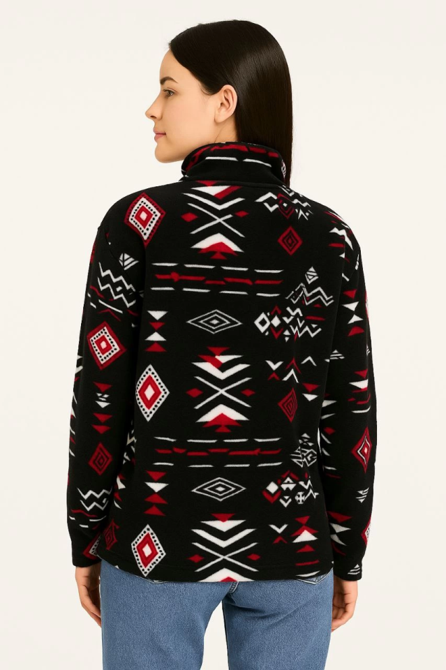 Yarım Fermuarlı Desenli Polar Sweat Tribal Etnik Desen Yakalı, Uzun Kollu, Oversize Rahat Kalıp - Siyah