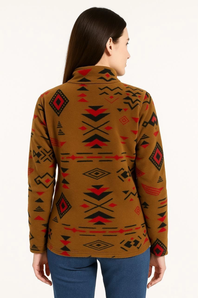 Yarım Fermuarlı Desenli Polar Sweat Tribal Etnik Desen Yakalı, Uzun Kollu, Oversize Rahat Kalıp - Kahverengi