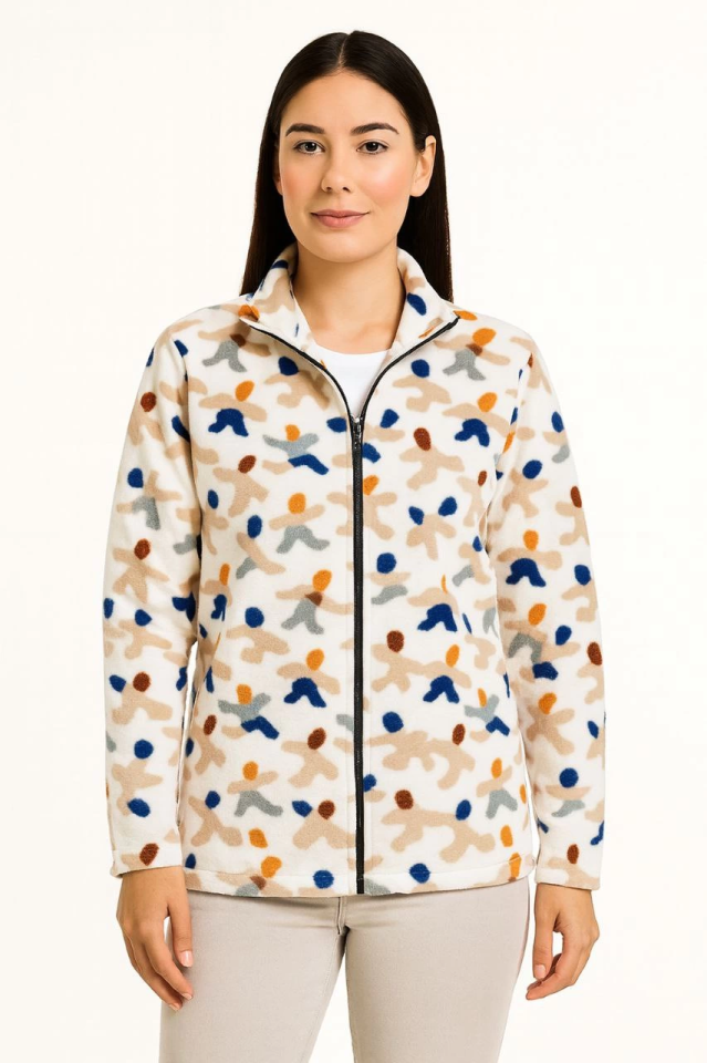 Tam Fermuarlı Desenli Polar Sweat - Siyah Multicolor Figür Desen Yakalı, Uzun Kollu, Oversize Rahat Kalıp - Beyaz