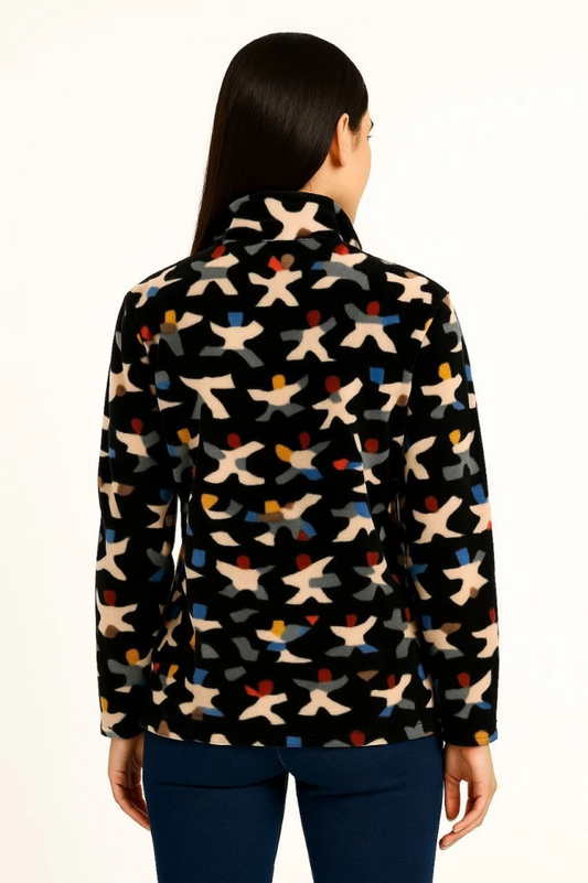 Tam Fermuarlı Desenli Polar Sweat - Siyah Multicolor Figür Desen Yakalı, Uzun Kollu, Oversize Rahat Kalıp - Siyah