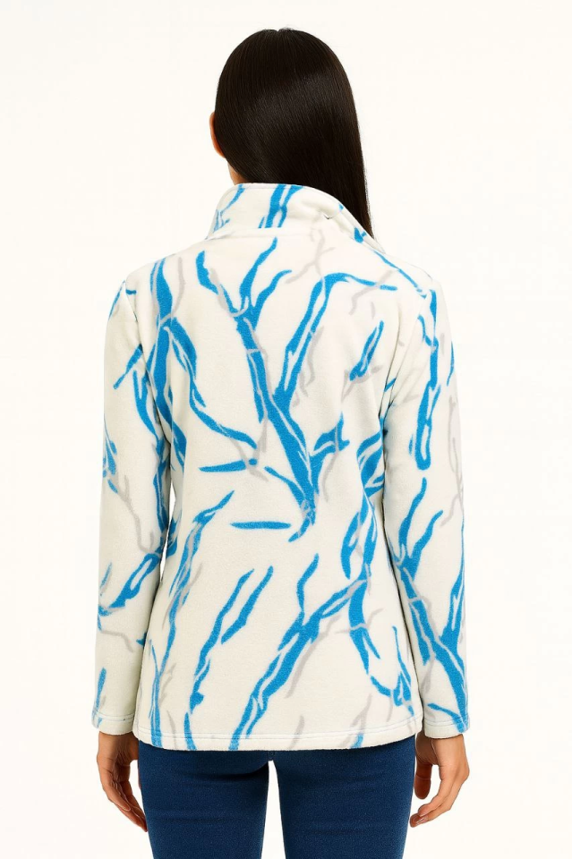 Tam Fermuarlı Desenli Polar Sweat Lightning Desen Yakalı, Uzun Kollu, Oversize Rahat Kalıp - Beyaz