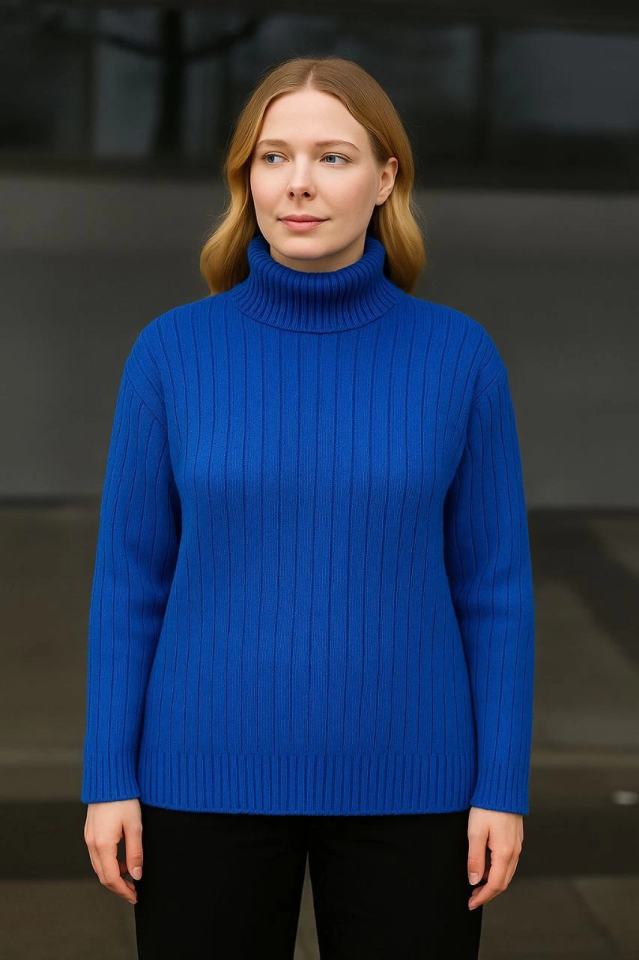 Balıkcı Yaka Bağazlı Triko Kazak Pamuklu Kalın Fitilli Dokuma - Saks Mavisi