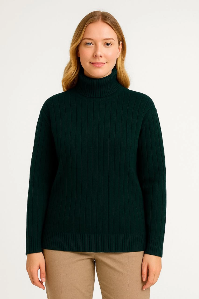 Balıkcı Yaka Bağazlı Triko Kazak Pamuklu Kalın Fitilli Dokuma - Haki