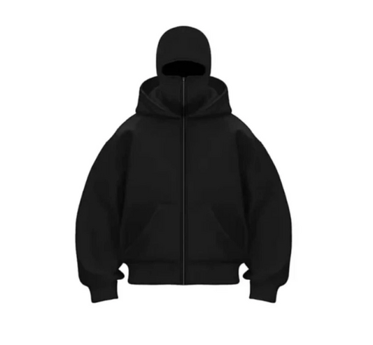 Samuray Ninja Çift Kapşonlu ZIP Fermuarlı Kanguru Çepli Hoodie Maske Detaylı Swetshirt - Siyah