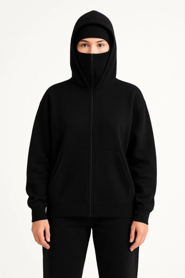 Samuray Ninja Çift Kapşonlu ZIP Fermuarlı Kanguru Çepli Hoodie Maske Detaylı Swetshirt - Siyah